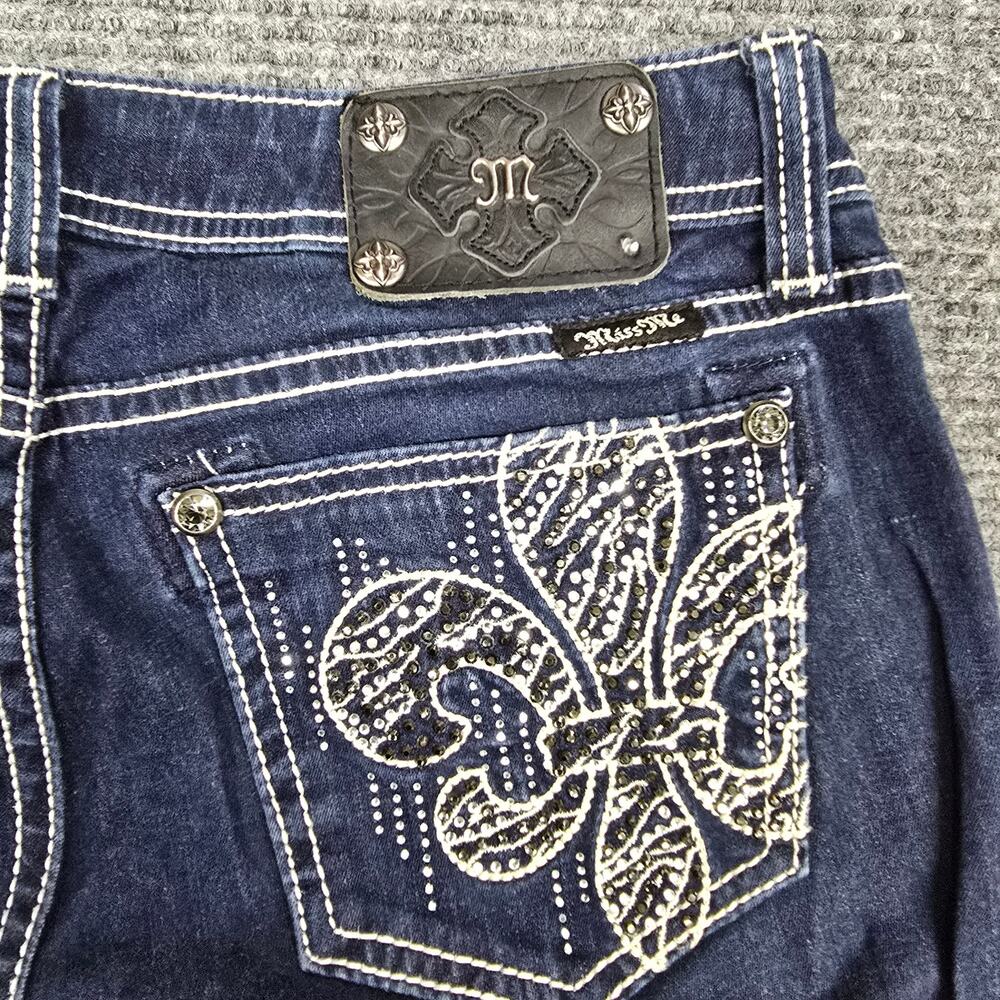 Miss Me Easy Skinny Jeans Womens 30x31 Dark Wash Rhinestone Fleur De Lis Y2K - Picture 6 of 8